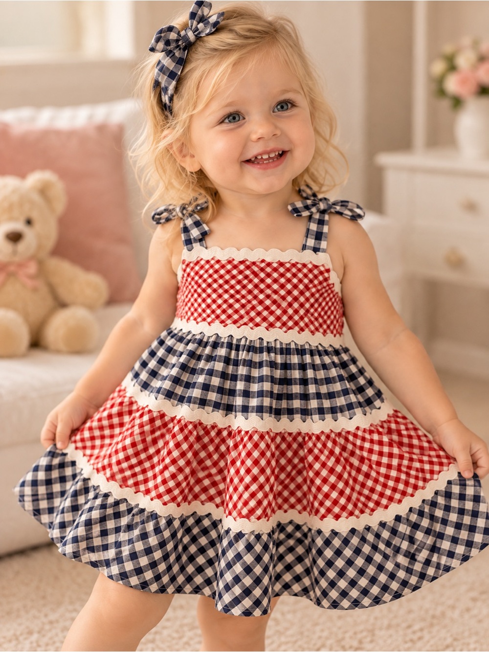 Blueberi Boulevard Girls Gingham Tiered Sundress – Red & Navy – Size 3T – NWT